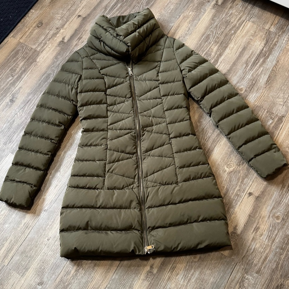 Guess green longline down jacket in size small lined with real down